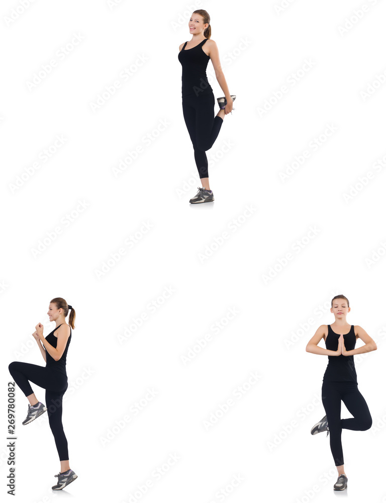 Young woman doing exercises isolated on white Young woman doing exercises isolated on white