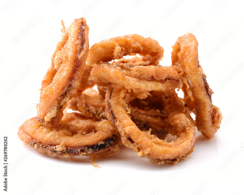 Deep fried calamari rings on white background 
