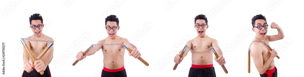 Funny guy with nunchucks on white Funny guy with nunchucks on white