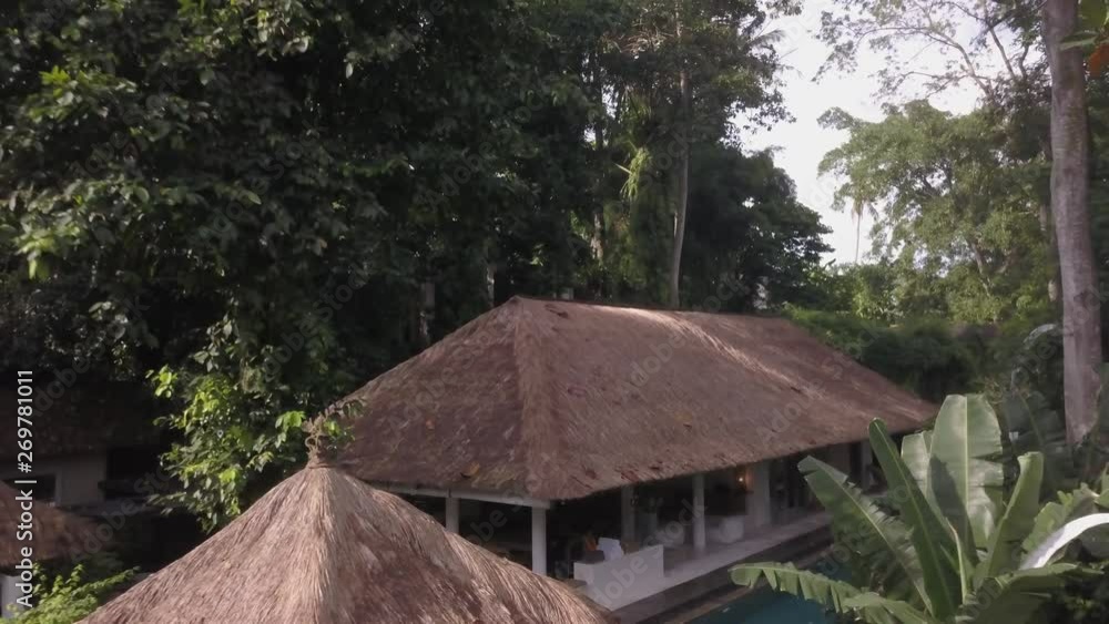 aerial view of tropical thickets and buildings thatched with straw among it aerial view of tropical thickets and buildings thatched with straw among it