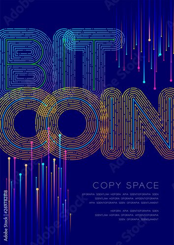 Bitcoin big text dot and dash line pattern layer overlay, Poster banner or flyer template layout design illustration isolated on blue background with copy space, vector eps10