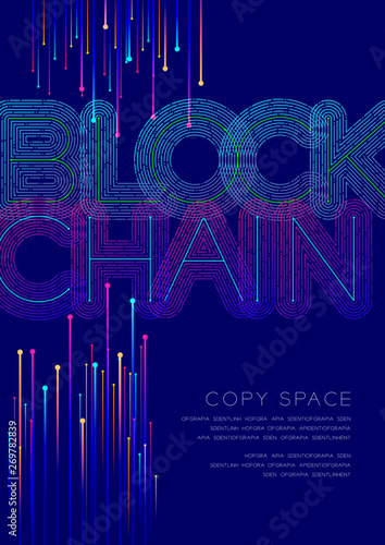 Blockchain big text dot and dash line pattern layer overlay, Poster banner or flyer template layout design illustration isolated on blue background with copy space, vector eps10