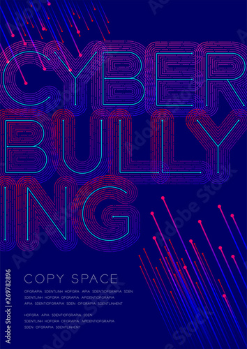 Cyber bullying big text dot and dash line pattern layer overlay, Poster banner or flyer template layout design illustration isolated on blue background with copy space, vector eps10
