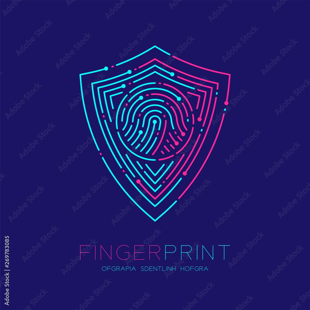 Shield shape pattern Fingerprint scan logo icon dash line, Security privacy concept, Editable stroke illustration blue and pink isolated on blue background with Fingerprint text and space, vector eps