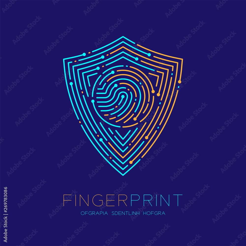 Shield shape pattern Fingerprint scan logo icon dash line, Security privacy concept, Editable stroke illustration blue and orange isolated on blue background with Fingerprint text and space, vector