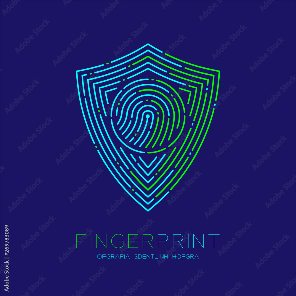 Shield shape pattern Fingerprint scan logo icon dash line, Security privacy concept, Editable stroke illustration blue and green isolated on blue background with Fingerprint text and space, vector eps