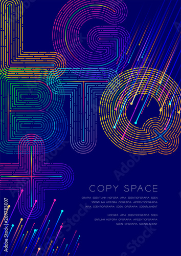 LGBTQ+ big text dot and dash line pattern layer overlay, Poster banner or flyer template layout design illustration isolated on blue background with copy space, vector eps10