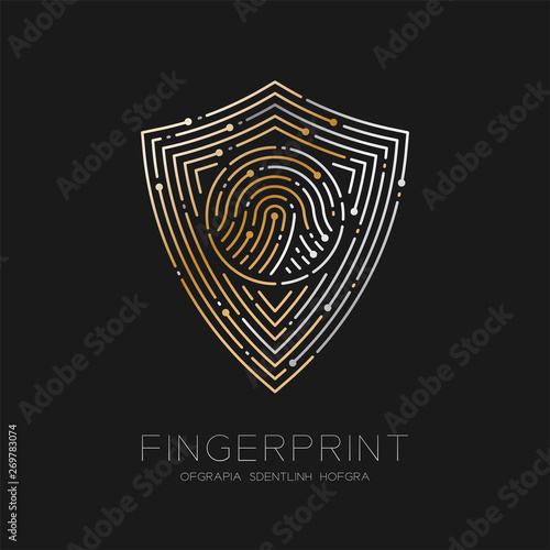 Shield shape pattern Fingerprint scan logo icon dash line, Security privacy concept, Editable stroke illustration gold and silver isolated on blue background with Fingerprint text and space, vector