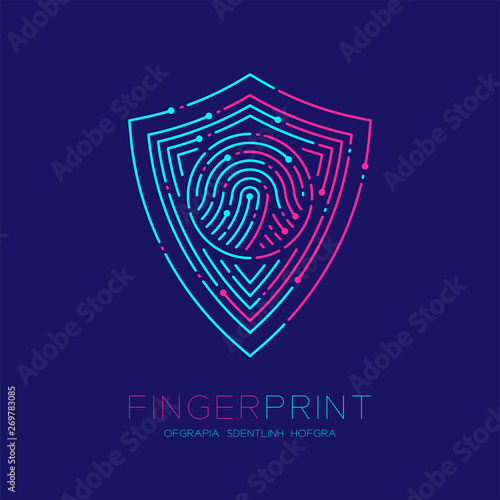 Shield shape pattern Fingerprint scan logo icon dash line, Security privacy concept, Editable stroke illustration blue and pink isolated on blue background with Fingerprint text and space, vector eps