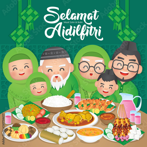 Iftar/Berbuka Puasa (or Fatoor) is the evening meal with which Muslims end their daily Ramadan fast at sunset.  (Caption: Hari Raya Aidilfitri also known as Eid al-Fitr)