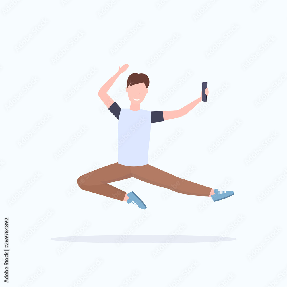 man taking selfie photo on smartphone camera casual male cartoon character jumping posing white background flat full length