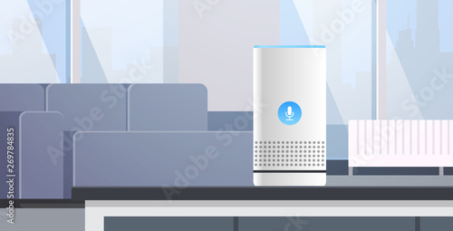 intelligent smart speaker voice recognition activated digital assistants automated command report concept modern living room interior flat horizontal vector illustration