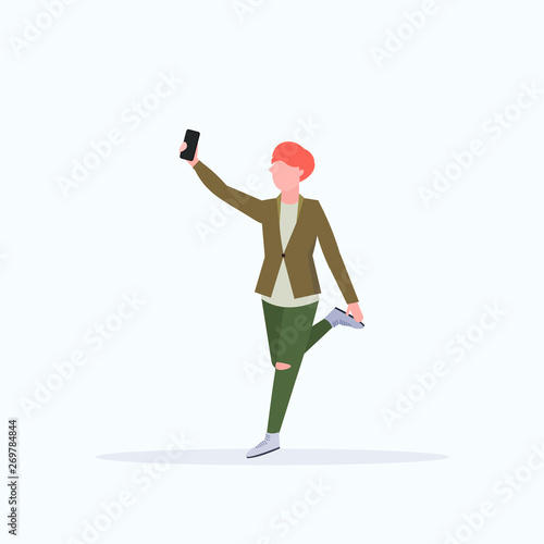 man taking selfie photo on smartphone camera casual male cartoon character posing white background flat full length