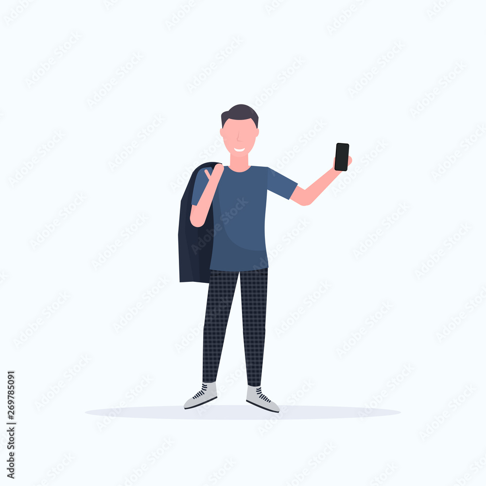 man taking selfie photo on smartphone camera casual male cartoon character posing white background flat full length man taking selfie photo on smartphone camera casual male cartoon character posing white background flat full length