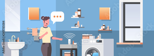 housewife using smart speaker voice recognition activated digital assistants automated command report concept modern bathroom interior flat horizontal portait