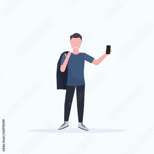 man taking selfie photo on smartphone camera casual male cartoon character posing white background flat full length