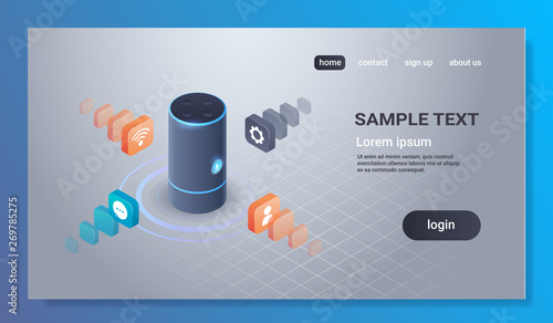 intelligent smart speaker voice recognition activated digital assistants automated command report concept 3d isometric copy space flat horizontal