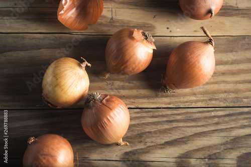 messy onions on wooden background