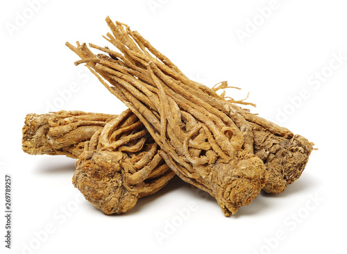 Angelica root used in chinese traditional herbal medicine, over white background. Radix angelicae sinensis, photo