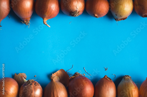 group of orange onions on plain blue background