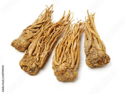 Angelica root used in chinese traditional herbal medicine, over white background. Radix angelicae sinensis, photo