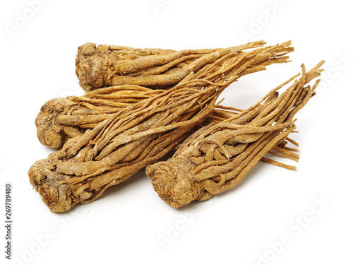 Angelica root used in chinese traditional herbal medicine, over white background. Radix angelicae sinensis,