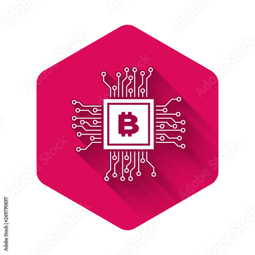 White CPU mining farm icon isolated with long shadow. Bitcoin sign inside processor. Cryptocurrency mining community. Digital money. Pink hexagon button. Vector Illustration