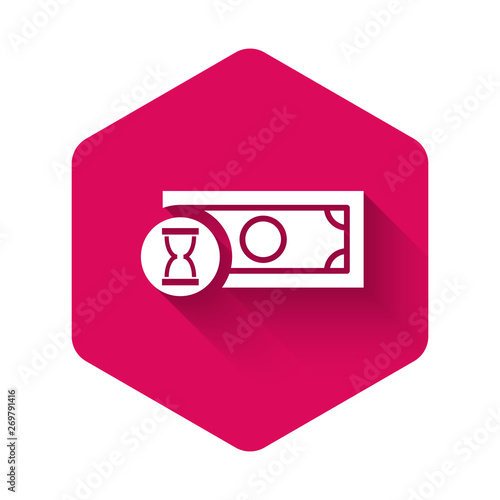 White Fast payments icon isolated with long shadow. Fast money transfer payment. Financial services, fast loan, time is money, cash back concept. Pink hexagon button. Vector Illustration