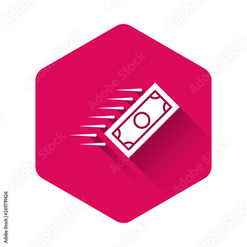 White Fast payments icon isolated with long shadow. Fast money transfer payment. Financial services, fast loan, time is money, cash back concept. Pink hexagon button. Vector Illustration