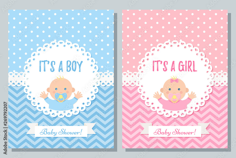 Baby card. Vector. Baby Shower boy, girl design invitation. Cute blue, pink  banner. Birth party background. Happy greeting pastel poster. Welcome  template invite with newborn kid. Cartoon illustration Stock Vector