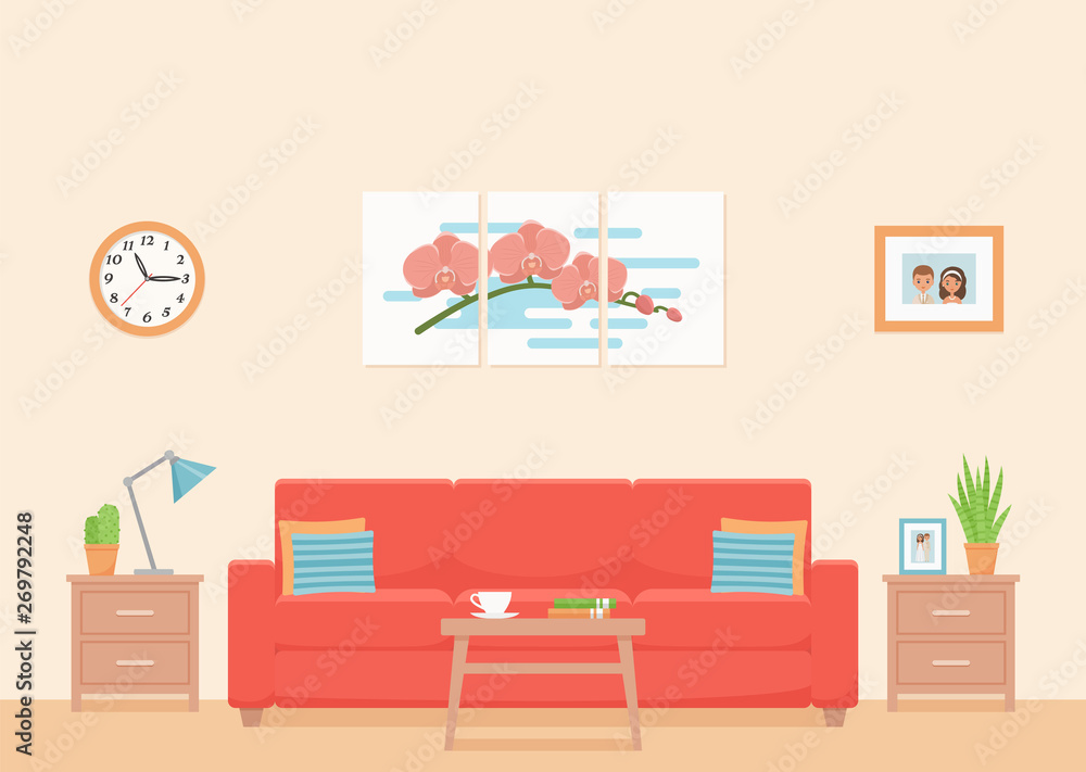 Room interior. Vector. Living room with coral sofa and coffee table. Modern house  background with furniture. Home inside. Domestic apartment. Banner in flat  design. Cartoon illustration. Stock Vector | Adobe Stock