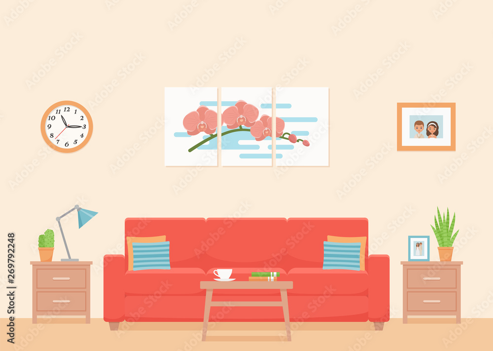 Fototapeta premium Room interior. Vector. Living room with coral sofa and coffee table. Modern house background with furniture. Home inside. Domestic apartment. Banner in flat design. Cartoon illustration. 