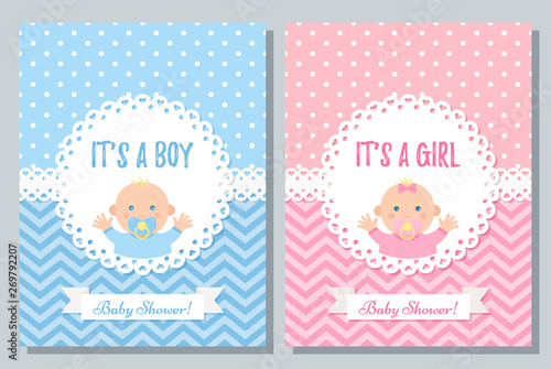 Baby card. Vector. Baby Shower boy, girl design invitation. Cute blue, pink banner. Birth party background. Happy greeting pastel poster. Welcome template invite with newborn kid. Cartoon illustration
