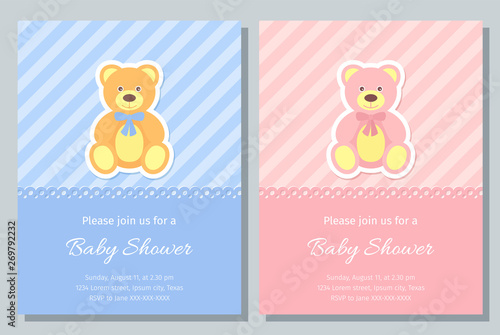 Baby Shower card. Vector. Baby boy, girl invite. Birth party background. Cute blue, pink design. Welcome template invitation banner. Happy greeting holiday poster with teddy bear. Flat illustration.
