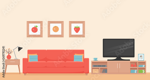 Room interior. Vector. Living room with coral sofa, table and TV. Modern house background with furniture. Cartoon illustration. Home inside in flat design. Template banner.