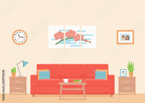 Room interior. Vector. Living room with coral sofa and coffee table. Modern house background with furniture. Home inside. Domestic apartment. Banner in flat design. Cartoon illustration. 