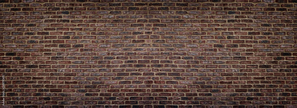 Wide red shabby brick wall texture. Old masonry panorama. Dark rough brickwork panoramic background - obrazy, fototapety, plakaty 