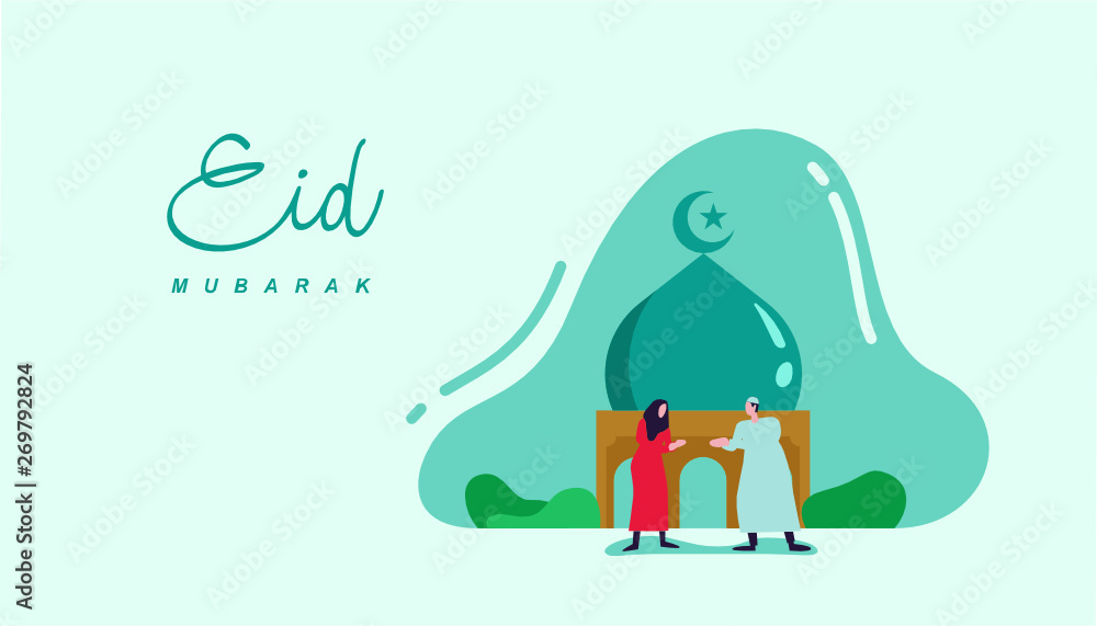 Obraz premium Happy eid mubarak or ramadan greeting with people character. islamic design illustration concept. template for web landing page, banner, presentation, social, poster, ad, promotion or print media