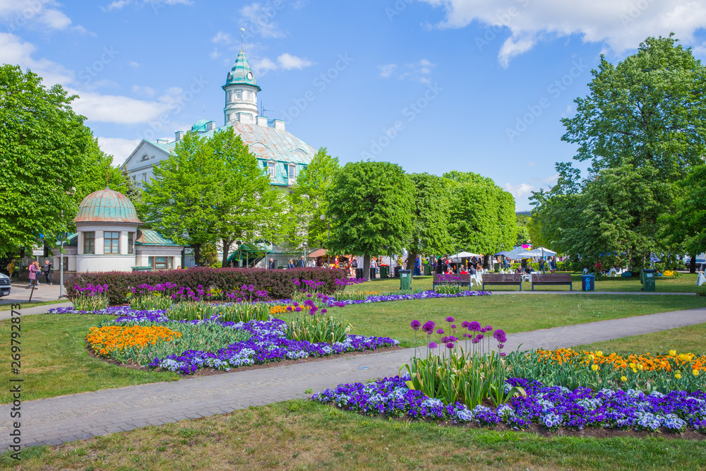 City Jurmala, Latvian Republic. Urban street view with tourists and buildings. Peoples walking in Jomas street. Travel photo. 2019. 25. May