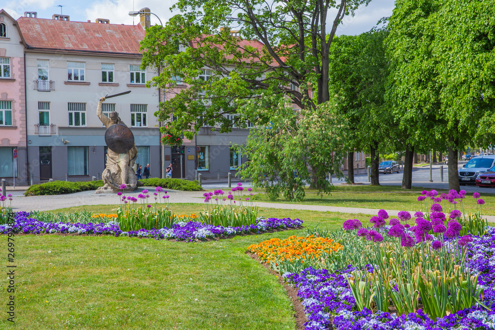 City Jurmala, Latvian Republic. Urban street view with monument and buildings. 2019. 25. May