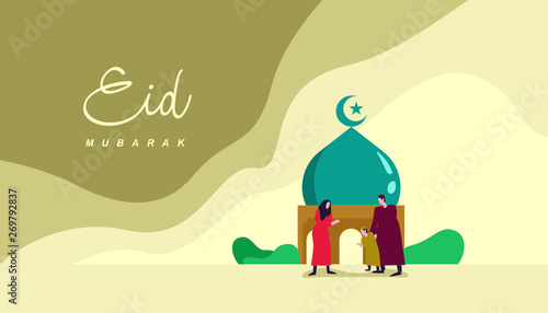 Happy eid mubarak or ramadan greeting with people character. islamic design illustration concept. template for web landing page  banner  presentation  social  poster  ad  promotion or print media