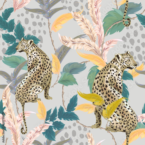 Beautiful tropical seamless pattern with exotic trees, leopard and plants. Vector patch for wallpapers, fabric, surface textures.