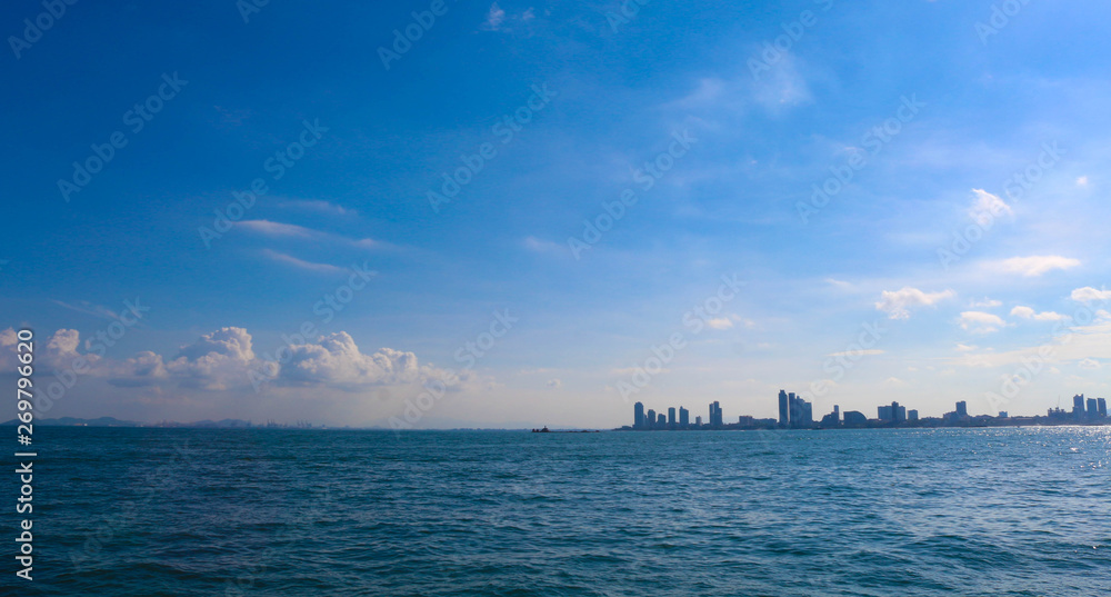 Beautiful seascape with building of Pattaya in Thailand.
