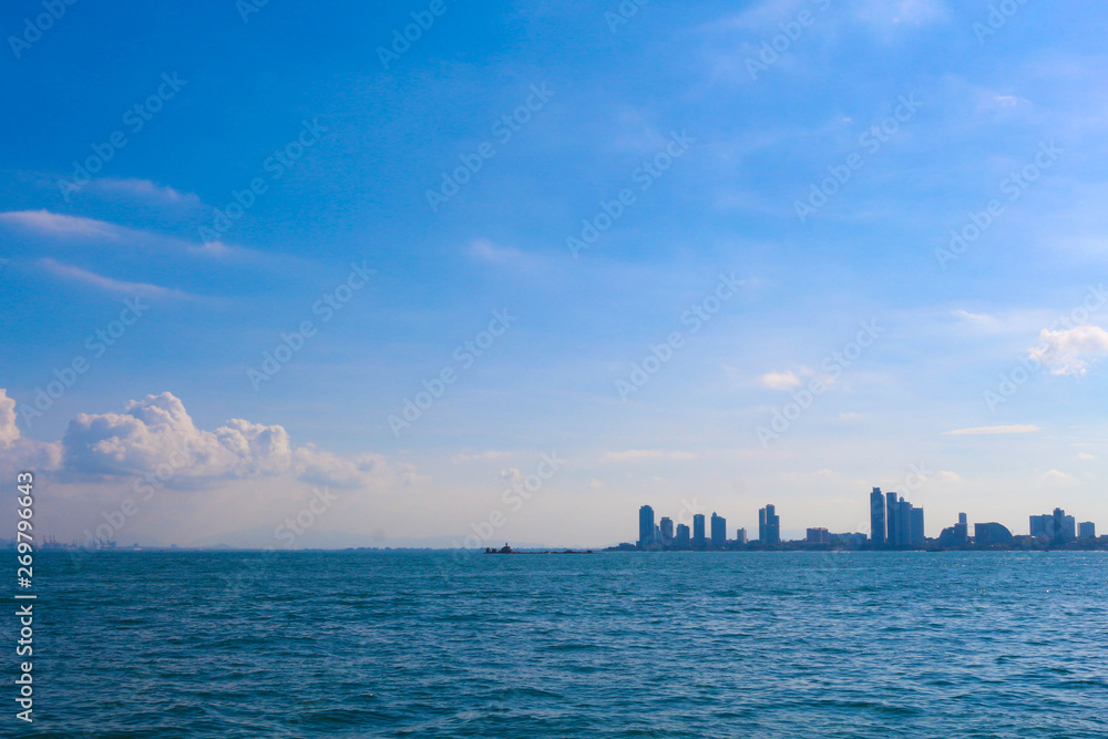 Beautiful seascape with building of Pattaya in Thailand.