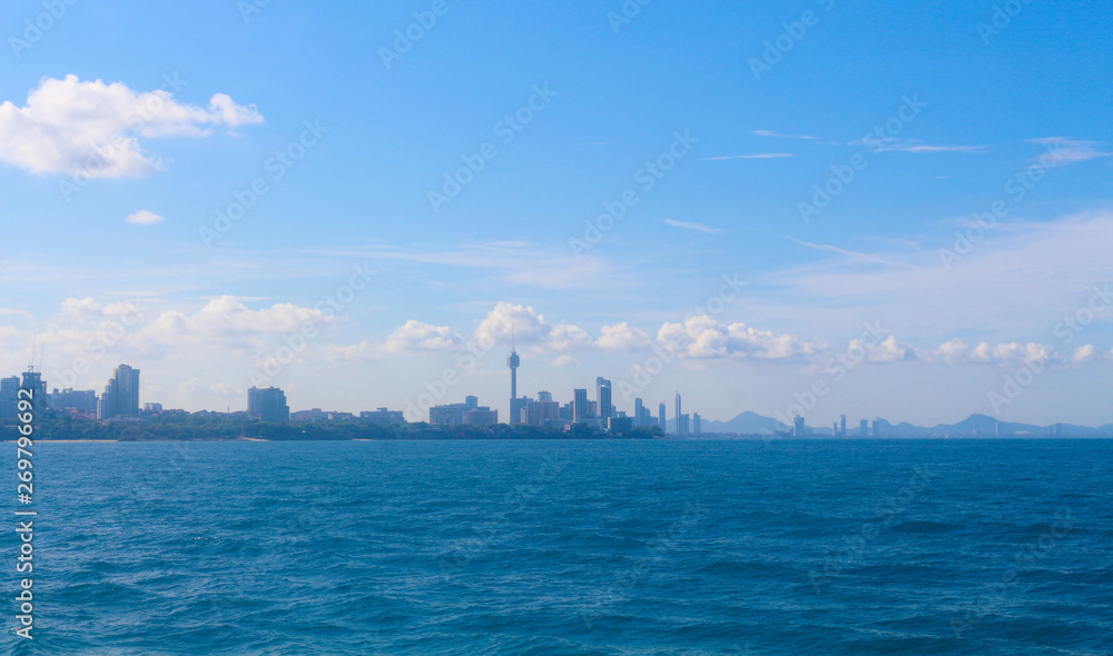 Beautiful seascape with building of Pattaya in Thailand.