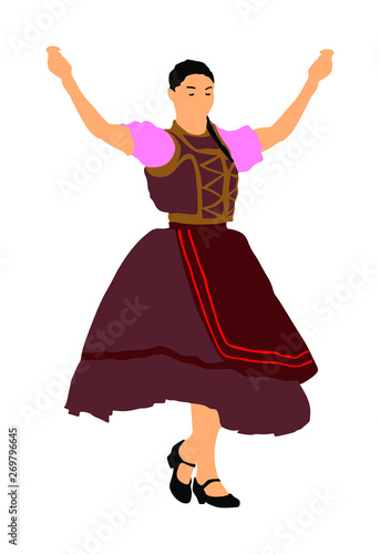 Csardas dancer vector illustration. Folklore Hungary. Bavarian woman on Octoberfest. Balkan traditional wedding dancing. East Europe culture. Happy young woman enjoying in music.