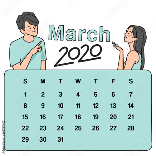 2020 Calendar template : Sweet couple with hand drawn style : Vector illustration