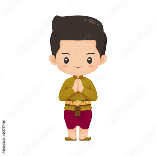 Cute thai man character in traditional nobility costume in respecting action use for illustration