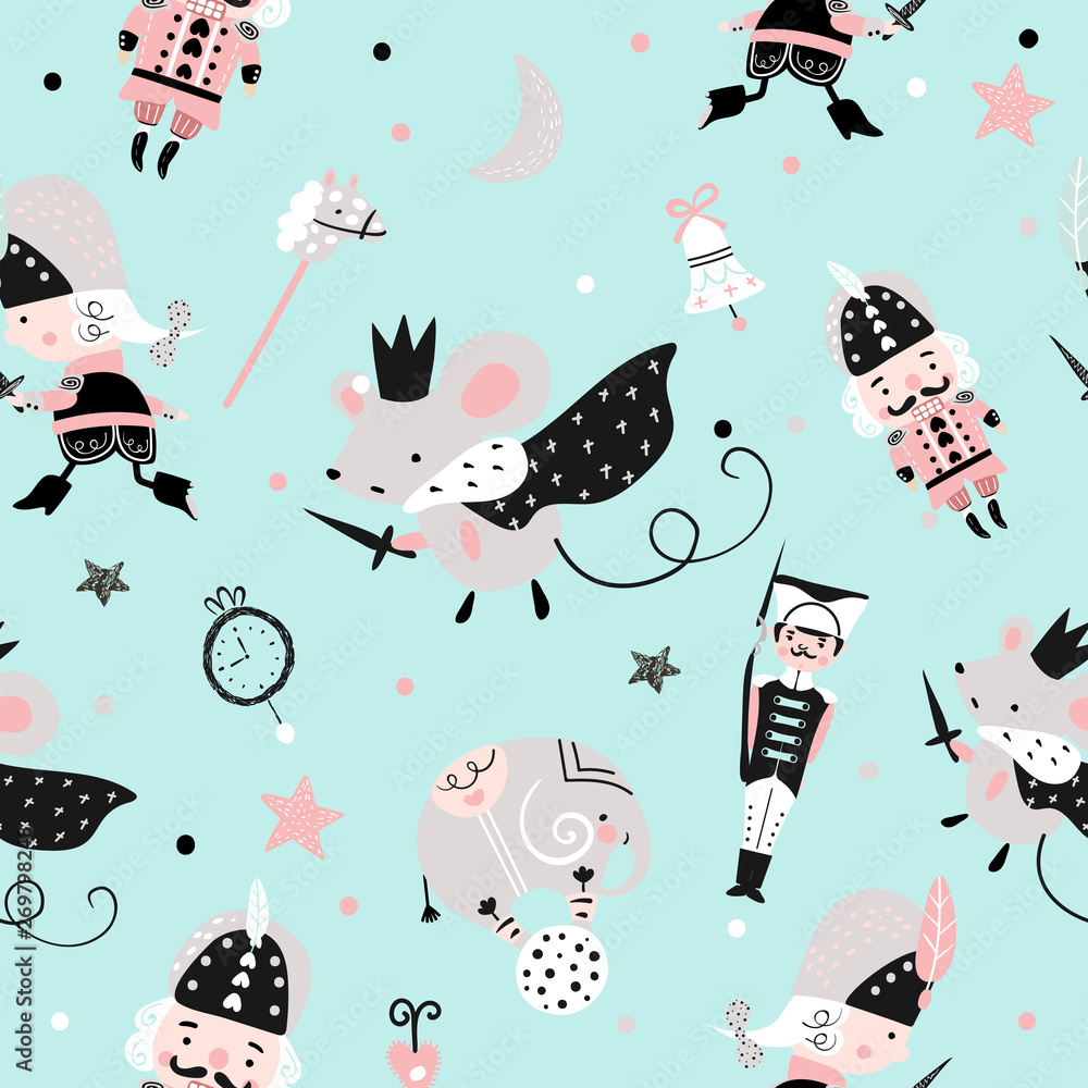 Fairy seamless childish pattern with nutcracker, toy soldier and mouse king.