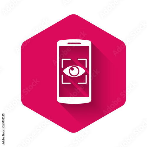 White Mobile phone and eye scan icon isolated with long shadow. Scanning eye. Security check symbol. Cyber eye sign. Pink hexagon button. Vector Illustration
